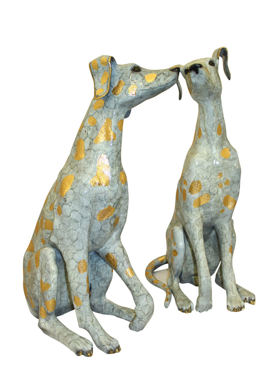 Pair of Golden Pleated Dalmatians Sitting Bronze Statue -  21"L x 16"W x 35"H. 