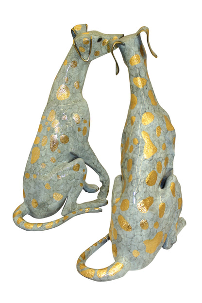 Pair of Golden Pleated Dalmatians Sitting Bronze Statue -  21"L x 16"W x 35"H. 