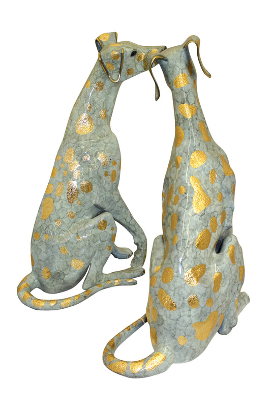 Pair of Golden Pleated Dalmatians Sitting Bronze Statue -  21"L x 16"W x 35"H. 