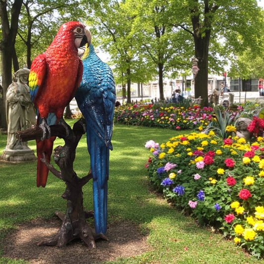 Pair of Parrots on a tree - Bronze Statue -  Size: 43"L x 28"W x 67"H.