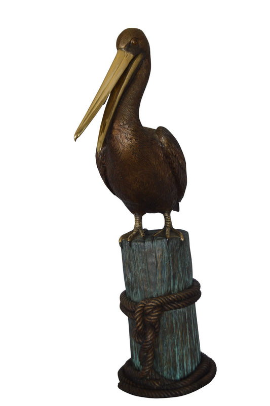 Pelican on a Stump Bronze Statue -  Size: 14"L x 38"W x 58"H. 
