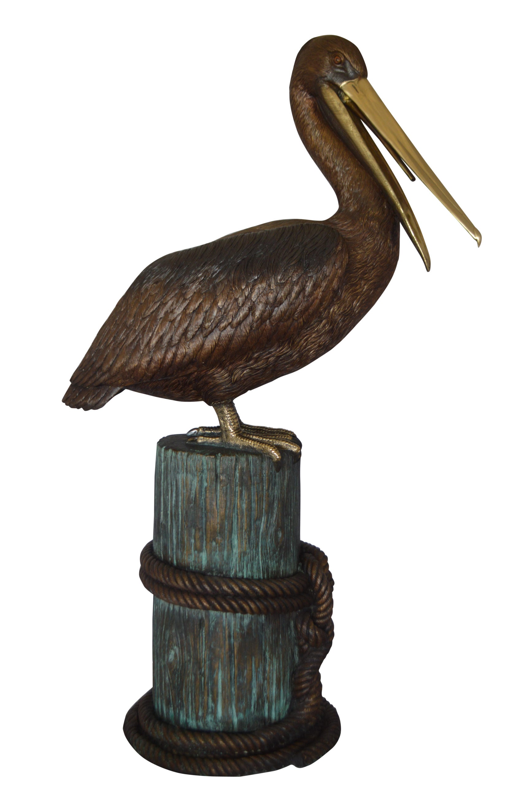 Pelican on a Stump Bronze Statue -  Size: 14"L x 38"W x 58"H. 