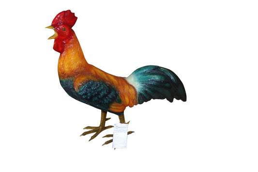 bronze statue of a standing Rooster -cockerel -  Size: 20"L x 7.5"W x 19.5"H. 