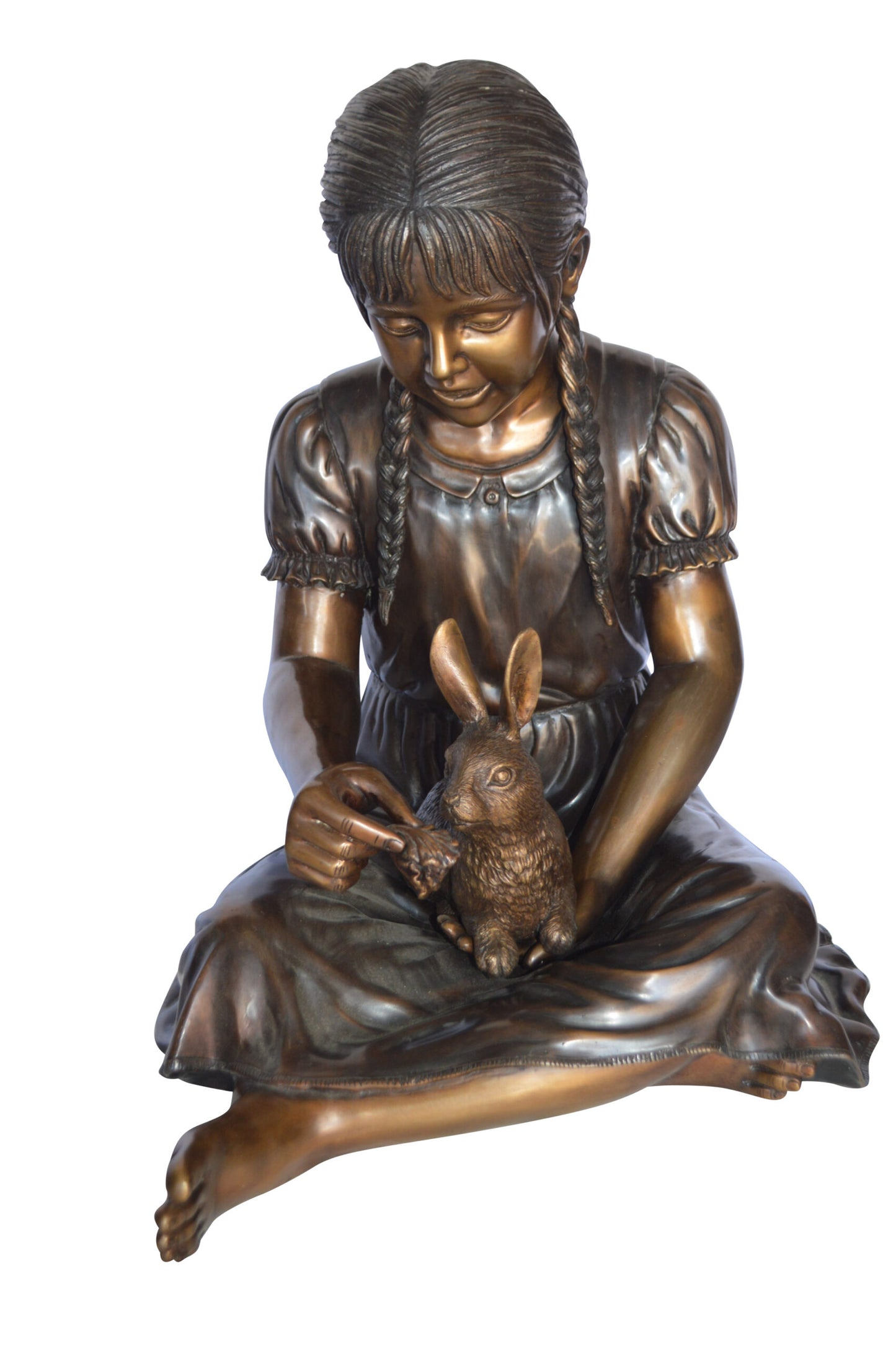 Sandra Sitting With Her Rabbit Bronze Statue -  Size: 25"L x 18"W x 25"H.