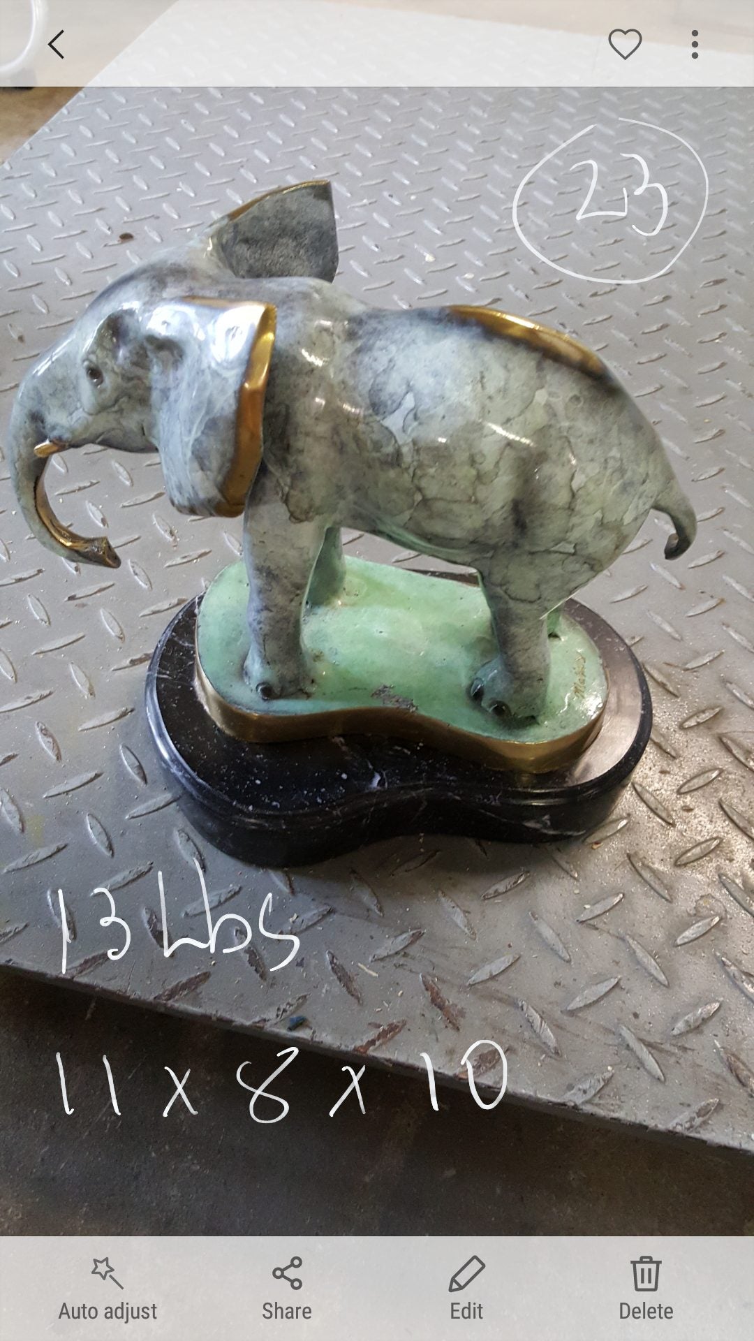 Elephant with trunk up -  Statue -  Size: 13.5"L x 5"W x 12"H. 