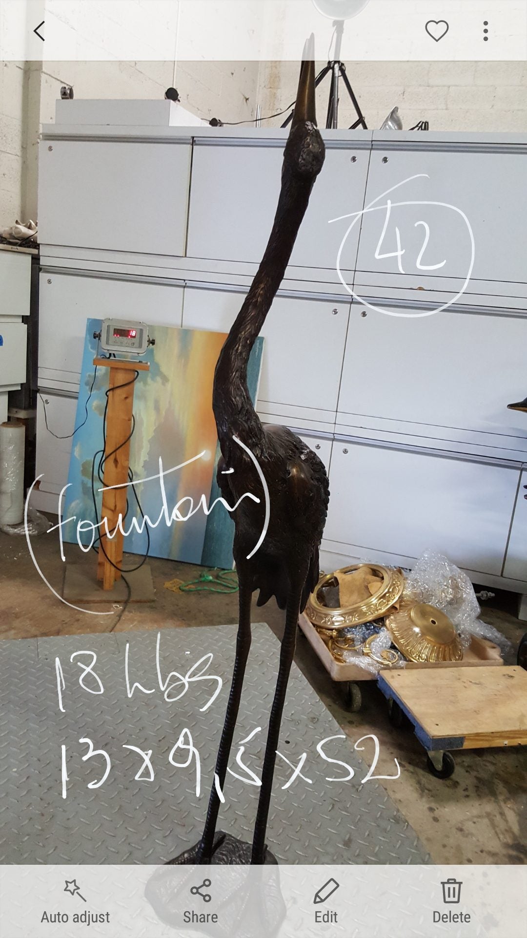 Crane head up fountain Bronze Statue -  Size: 13"L x 9.5"W x 52"H. 