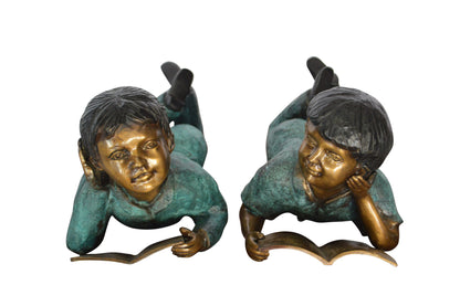 Set of a Boy and a Girl Reading a Book Bronze Statue -  Size: 16"L x 7"W x 8"H.