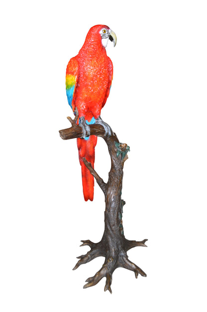 Single Red and Blue Parrot on a tree Bronze Statue -  Size: 30"L x 24"W x 66"H.