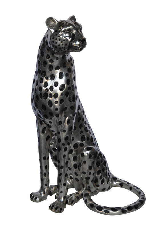 Sitting Cheetah Bronze Statue Silver Finish -  Size: 21"L x 21"W x 34"H.