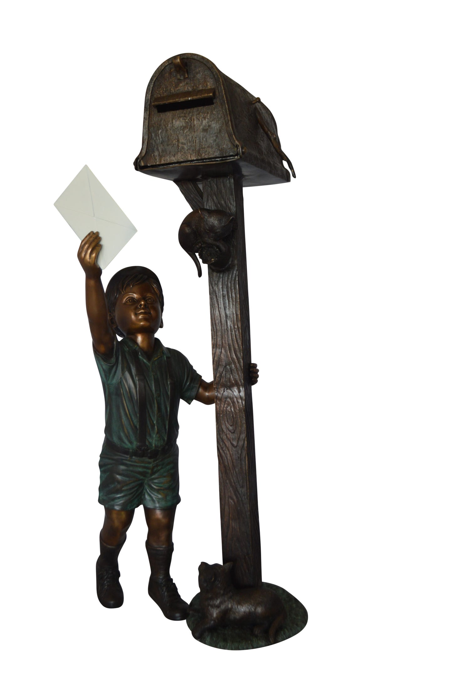 Standing Boy by Mailbox with Two cats  Bronze Statue -  23"x 19"x 50"H. 