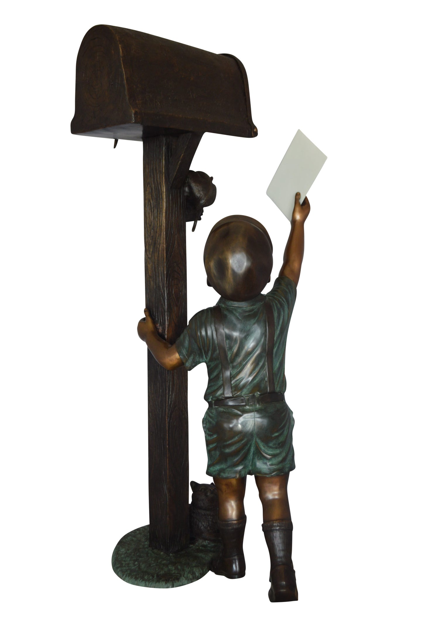 Standing Boy by Mailbox with Two cats  Bronze Statue -  23"x 19"x 50"H. 