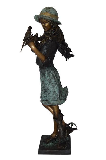Standing girl with parrots Bronze Statue -  Size: 15"L x 16"W x 41"H. 