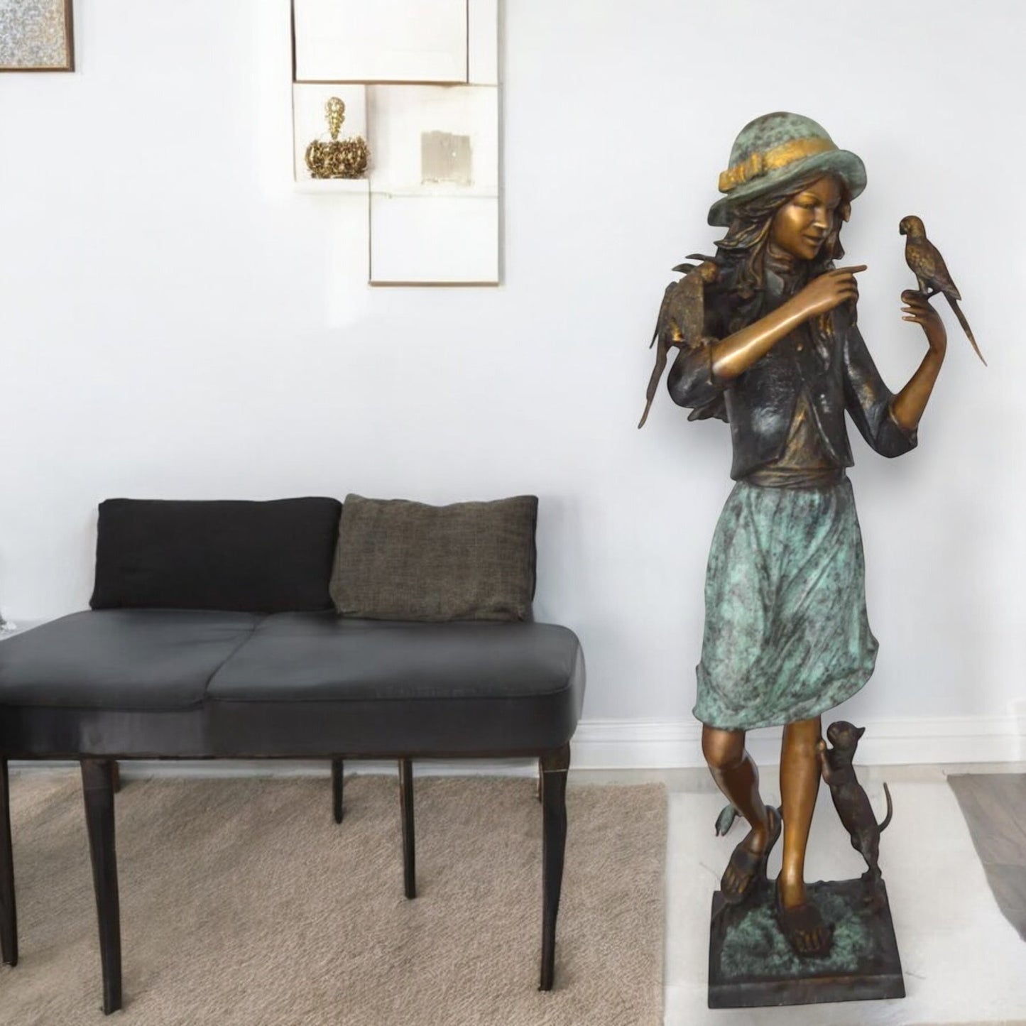 Standing girl with parrots Bronze Statue -  Size: 15"L x 16"W x 41"H.
