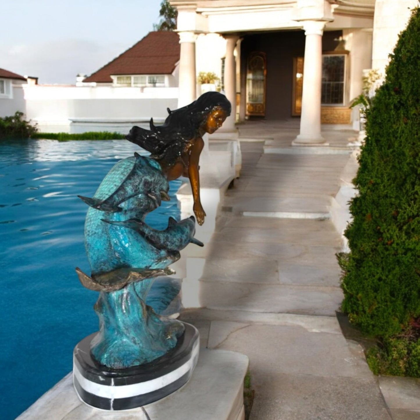 Mermaid w Dolphin and turtle Bronze Statue -  Size: 19"L x 9"W x 22"H.