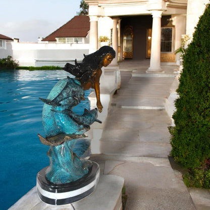 Mermaid w Dolphin and turtle Bronze Statue -  Size: 19"L x 9"W x 22"H.