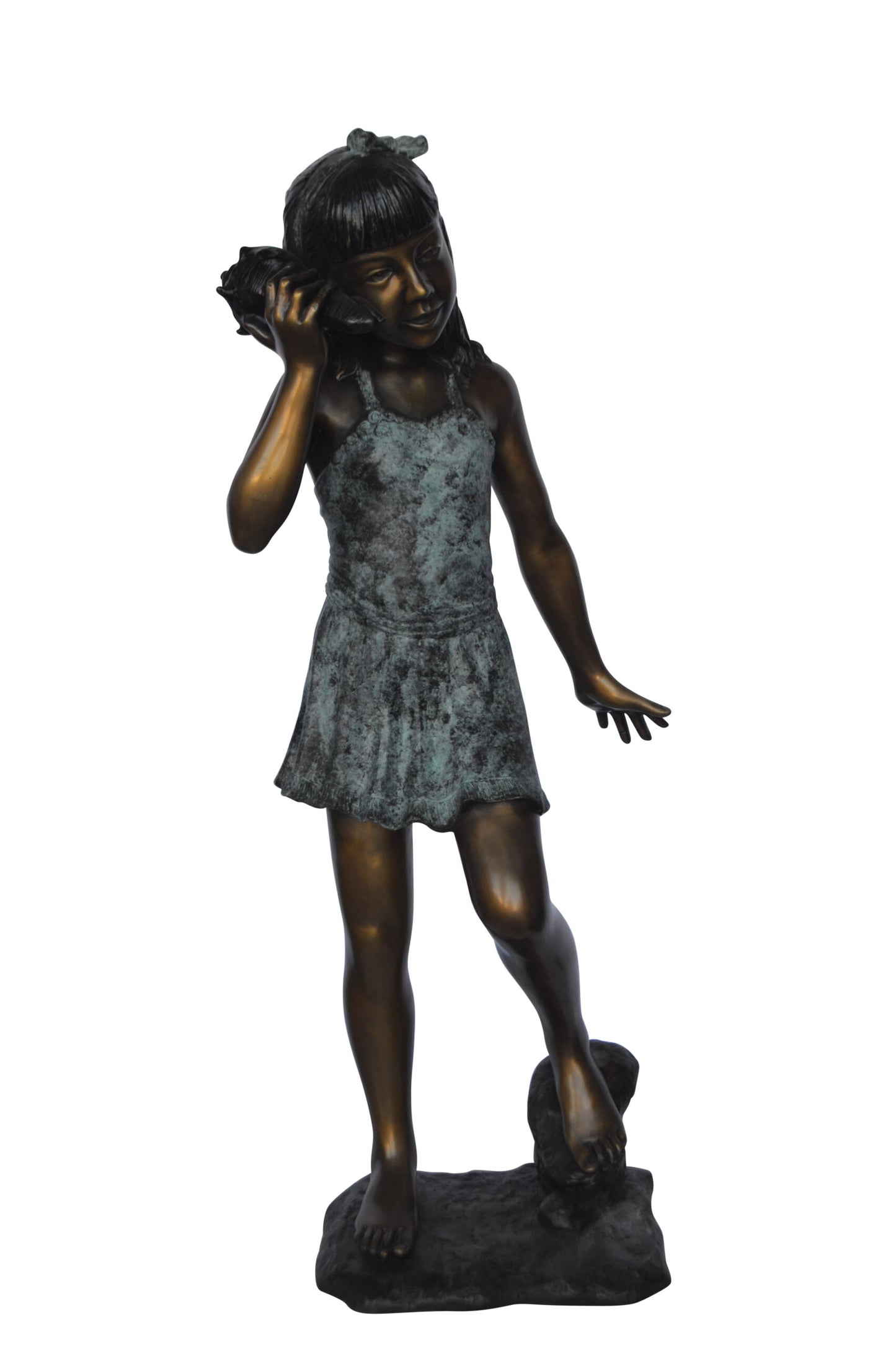 Standing Girl Listening to a Shell Bronze Statue -  Size: 16"L x 12"W x 37"H.