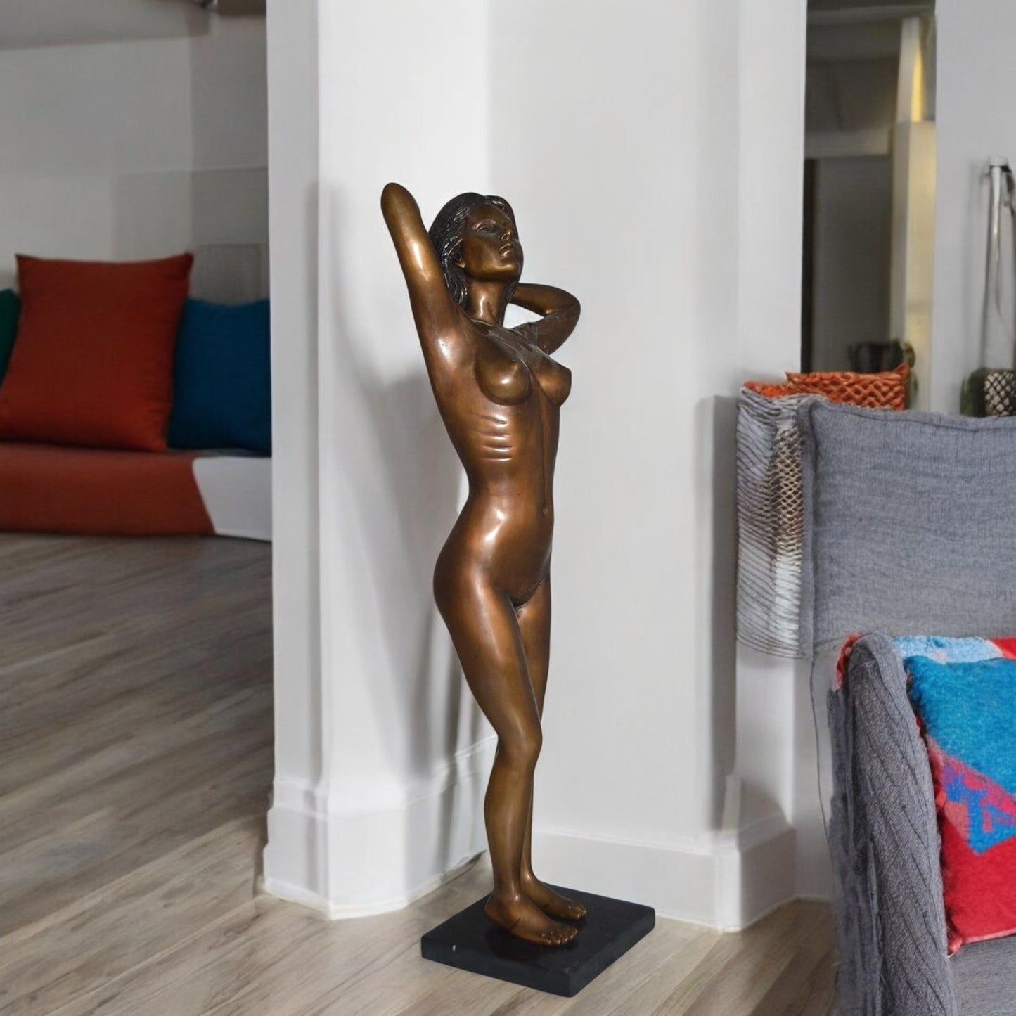Standing Lady Art Nude Bronze Statue -  Size: 9"L x 5"W x 24"H.