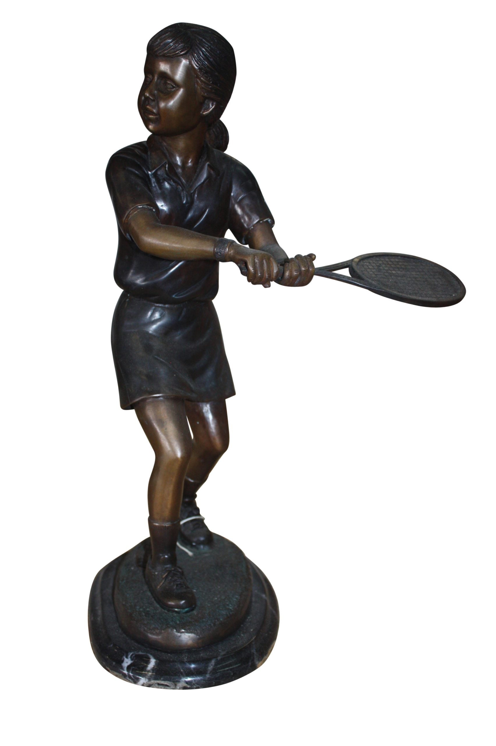 Girl Playing Tennis - Bronze Statue -  Size: 10"L x 11"W x 21"H. 