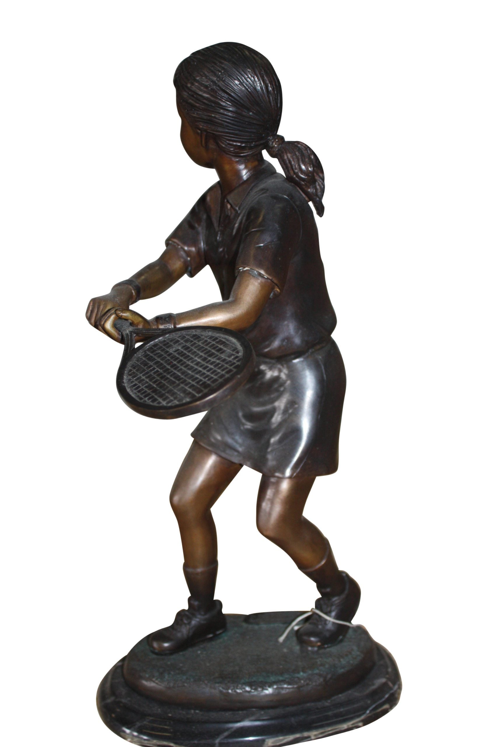 Girl Playing Tennis - Bronze Statue -  Size: 10"L x 11"W x 21"H. 
