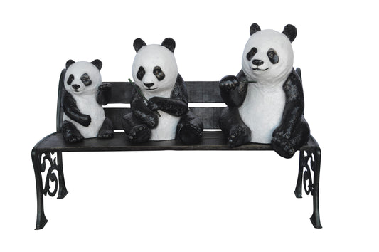 Three Panda Bears Sitting on Bench Bronze Statue -  Size: 53"L x 28"W x 36"H.