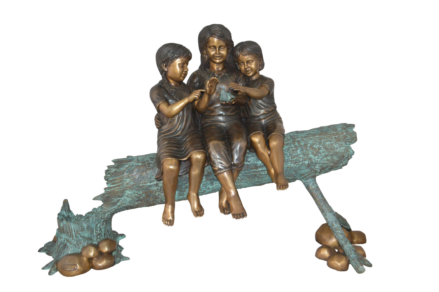 Three Children On Log Holding Bird Bronze Statue -  Size: 55"L x 18"W x 38"H.