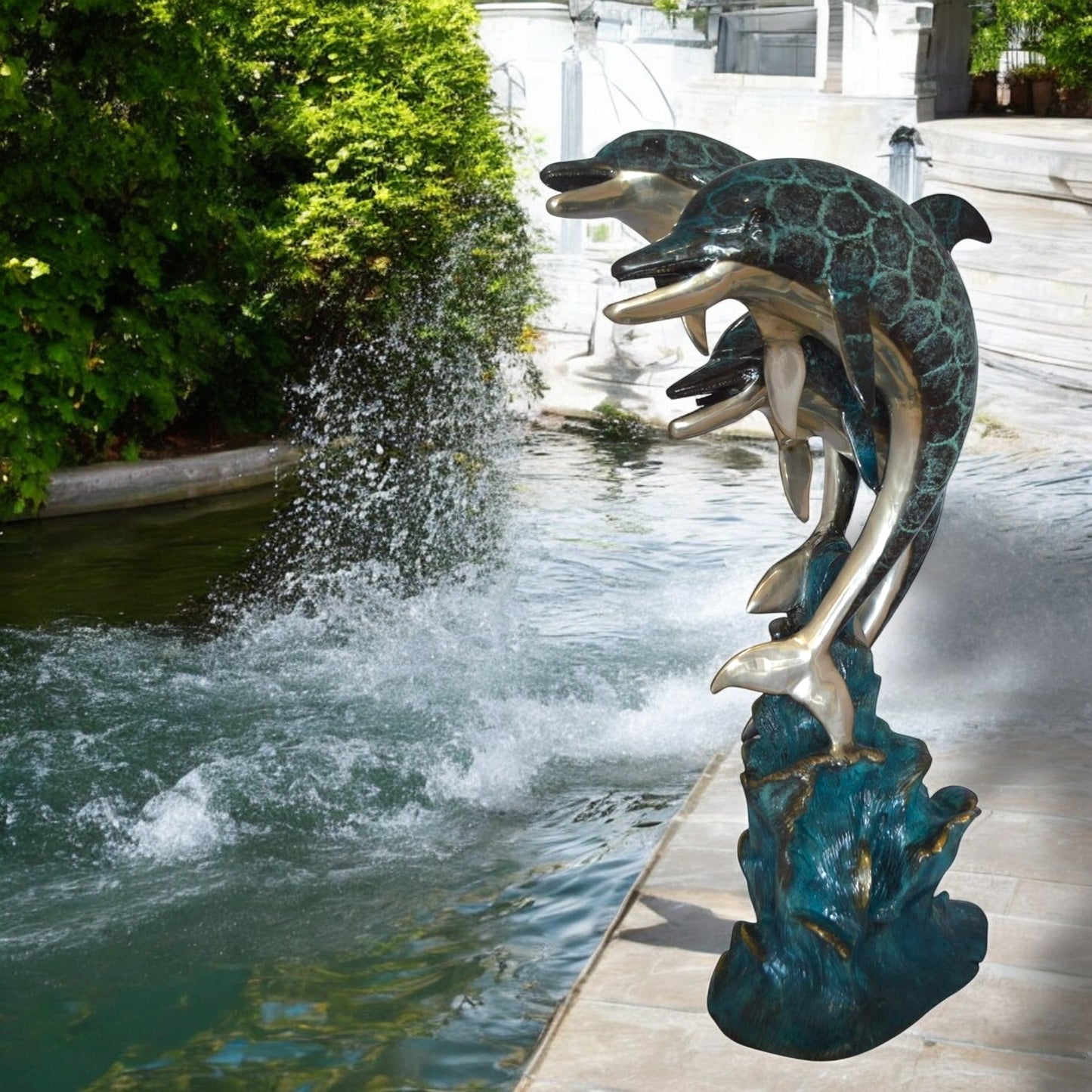 Three Dolphin Fountain  Bronze Statue -  Size: 21"L x 26"W x 45"H.