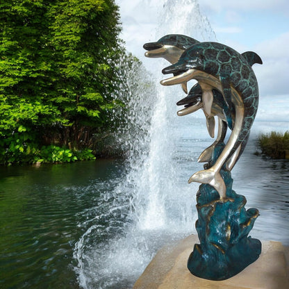 Three Dolphin Fountain  Bronze Statue -  Size: 21"L x 26"W x 45"H.