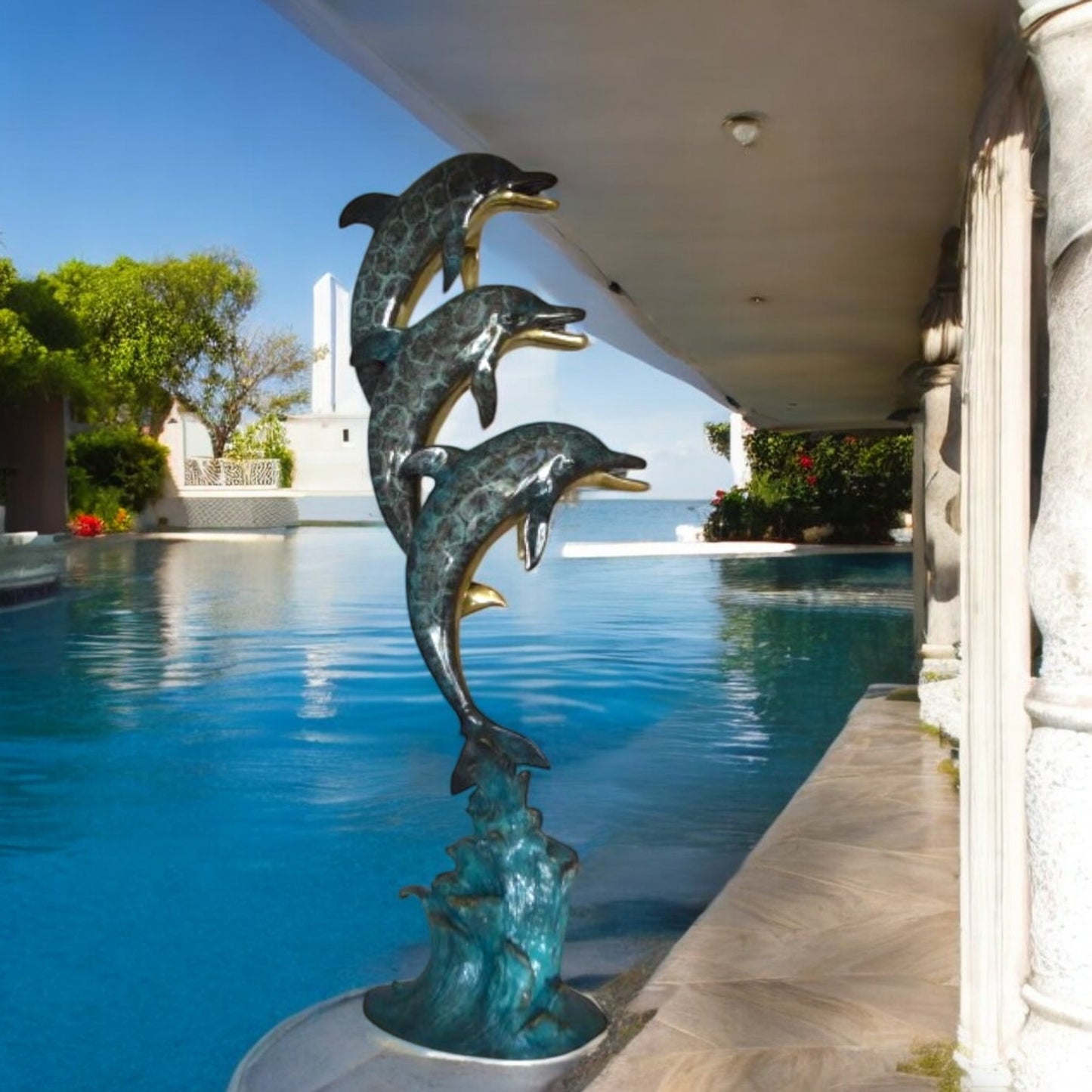 Three Dolphins Overreach Each Other Fountain  Bronze Statue -  22"x 15"x 67"H.