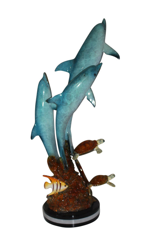 Three Dolphins W turtles and fish Bronze Statue -  Size: 16"L x 16"W x 40"H. 