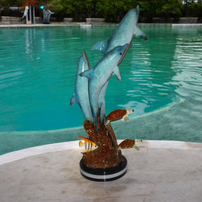 Three Dolphins W turtles and fish Bronze Statue -  Size: 16"L x 16"W x 40"H.
