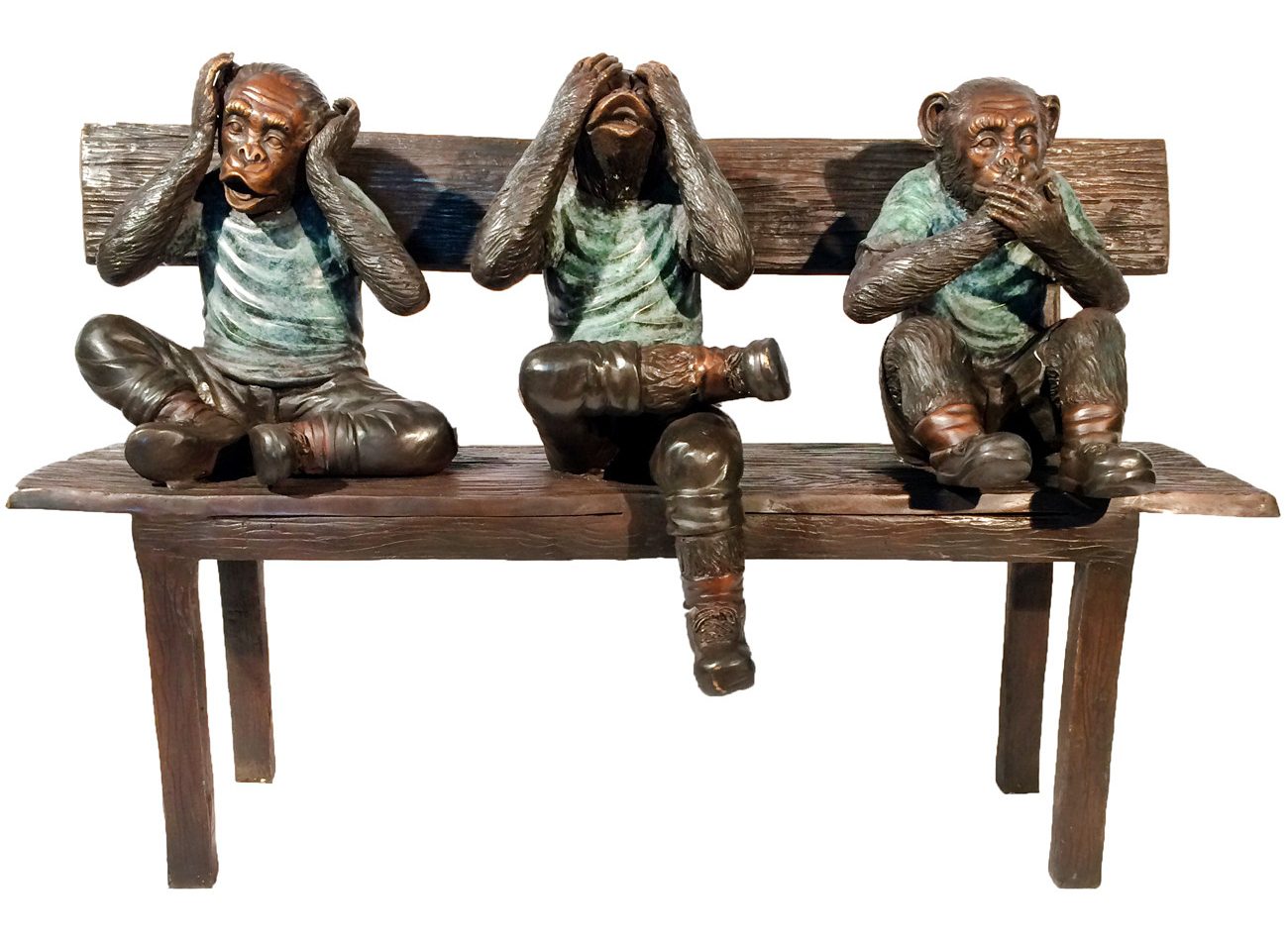 Three Wise Monkeys on Bench Bronze Statue -  Size: 45"L x 19"W x 30"H. 