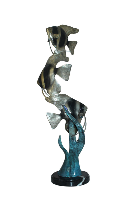 Three Zebra Angelfish Bronze Statue -  Size: 10"L x 10"W x 33"H. 