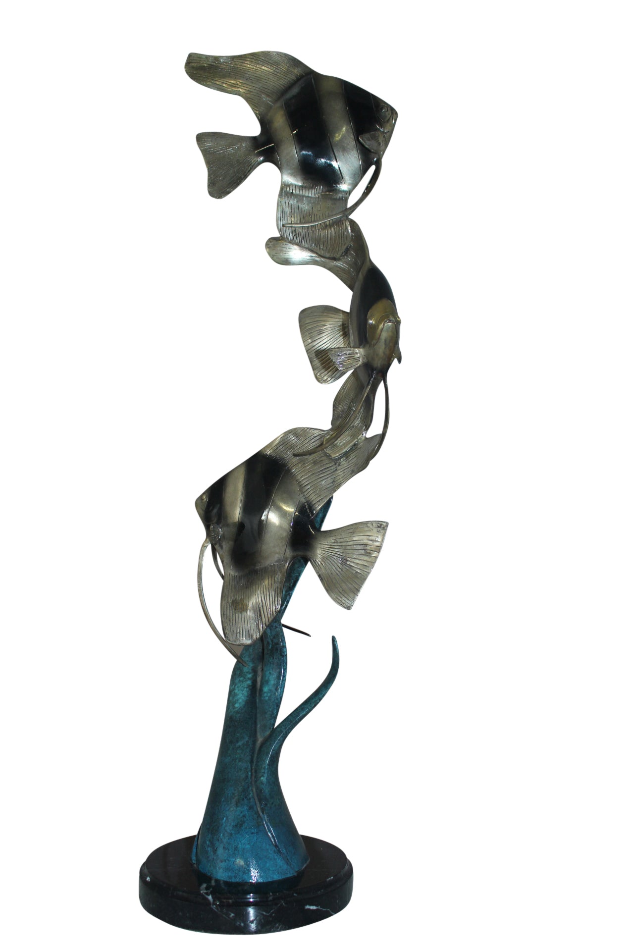 Three Zebra Angelfish Bronze Statue -  Size: 10"L x 10"W x 33"H. 