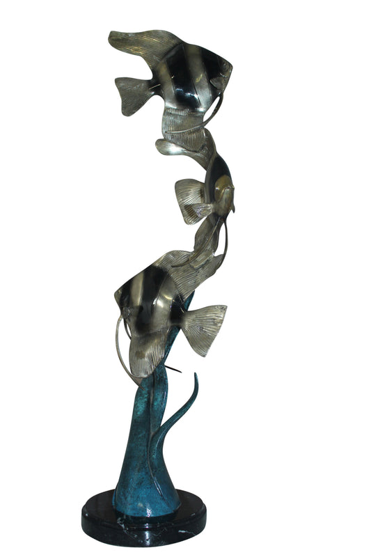 Three Zebra Angelfish Bronze Statue -  Size: 10"L x 10"W x 33"H. 