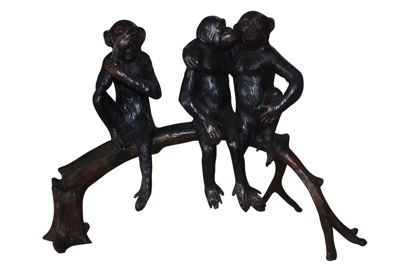 Three monkeys on a tree log - Bronze Statue -  Size: 27"L x 11"W x 18"H. 