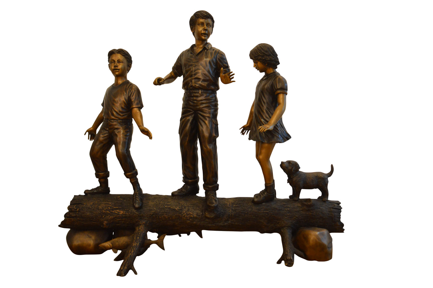 Three Kids With A Dog On A Log Bronze Statue -  Size: 78"L x 26"W x 62"H.