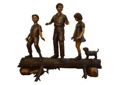 Three Kids With A Dog On A Log Bronze Statue -  Size: 78"L x 26"W x 62"H.