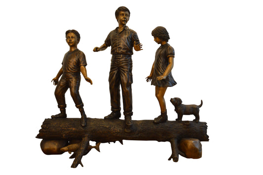 Three Kids With A Dog On A Log Bronze Statue -  Size: 78"L x 26"W x 62"H.