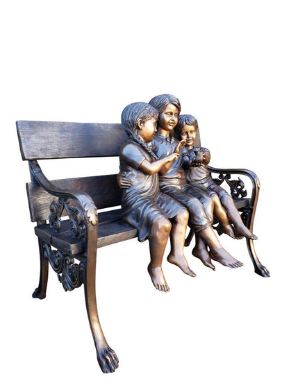 Three kids on a Bench Holding a Bird Bronze Statue -  Size: 40"L x 30"W x 33"H.