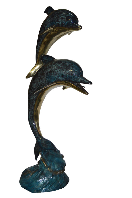 Two Dolphins Overreach Others on Waves Bronze Statue -  44"L x 23"W x 76"H. 