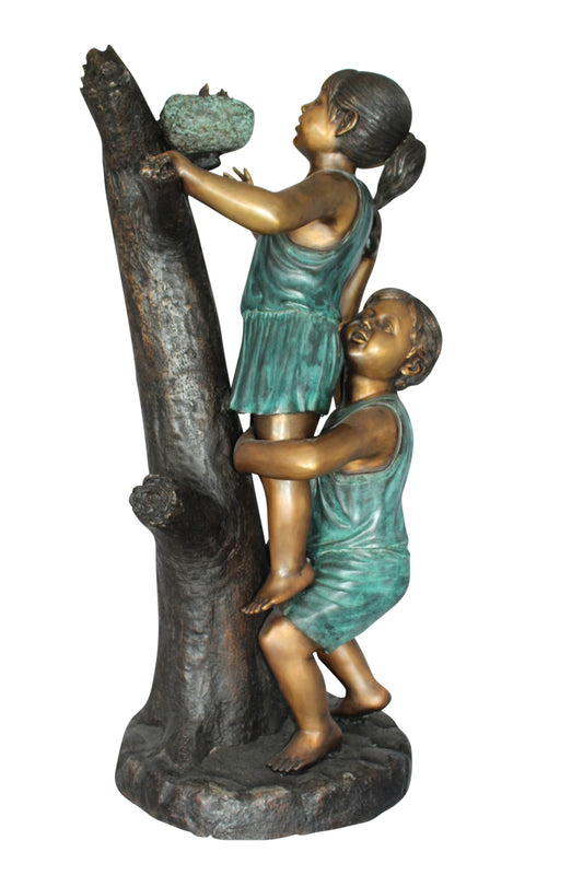 Two Kids Climbing on a Tree Bronze Statue -  Size: 17"L x 17"W x 46"H. 