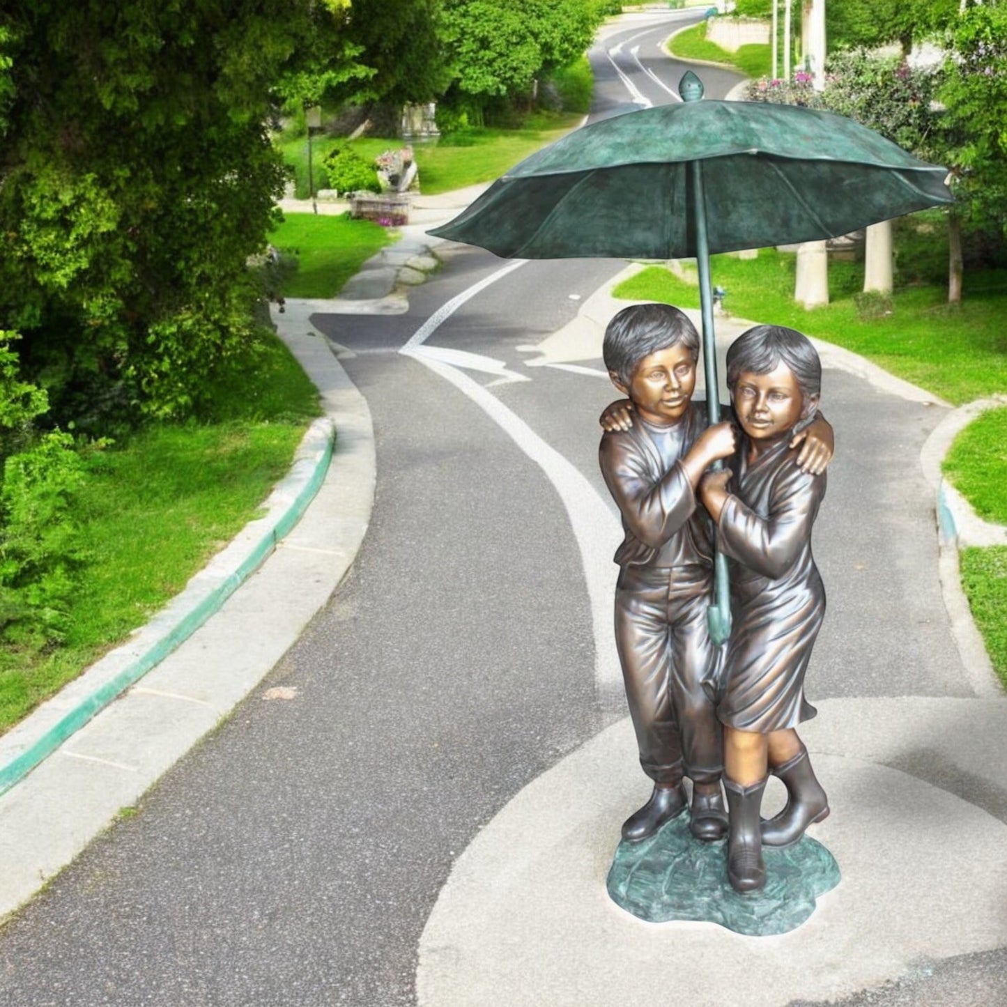 Two Kids Holding an Umbrella - Bronze Statue - Fountain - 30"L x 30"W x 52"H.
