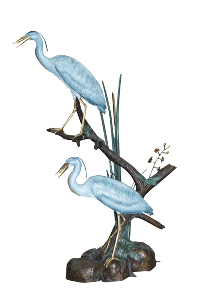 Two Large Cranes Fountain Bronze Statue -  Size: 36"L x 21"W x 64"H.