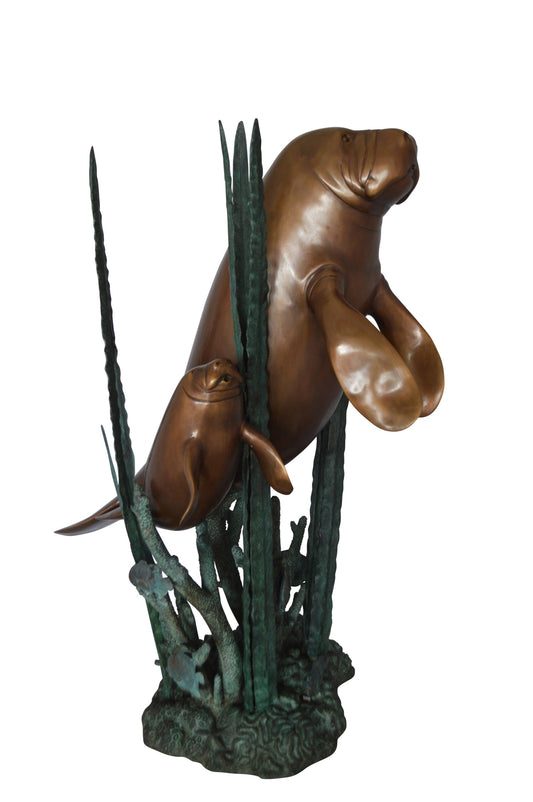 Two Large Manatees swimming Bronze Fountain Statue -  Size: 23"L x 42"W x 42"H. 