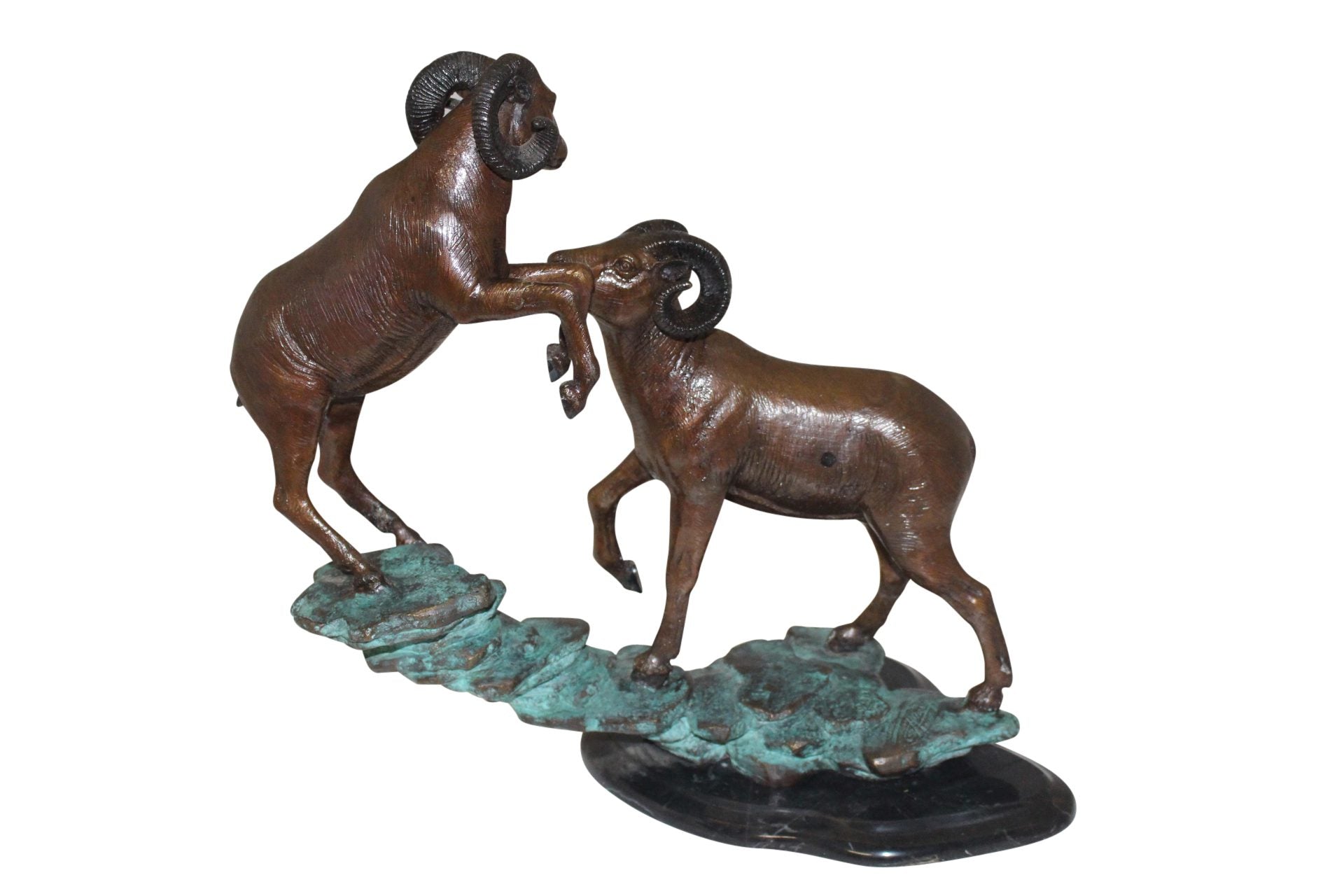 Two Rams on a rock Bronze Statue -  Size: 15"L x 8"W x 16"H. 