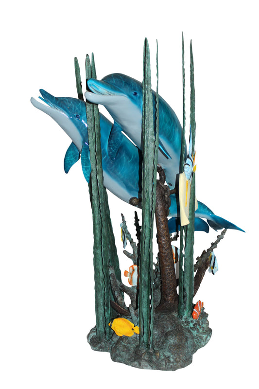 Two dolphins w small fish fountain Bronze Statue -  Size: 33"L x 30"W x 42"H. 
