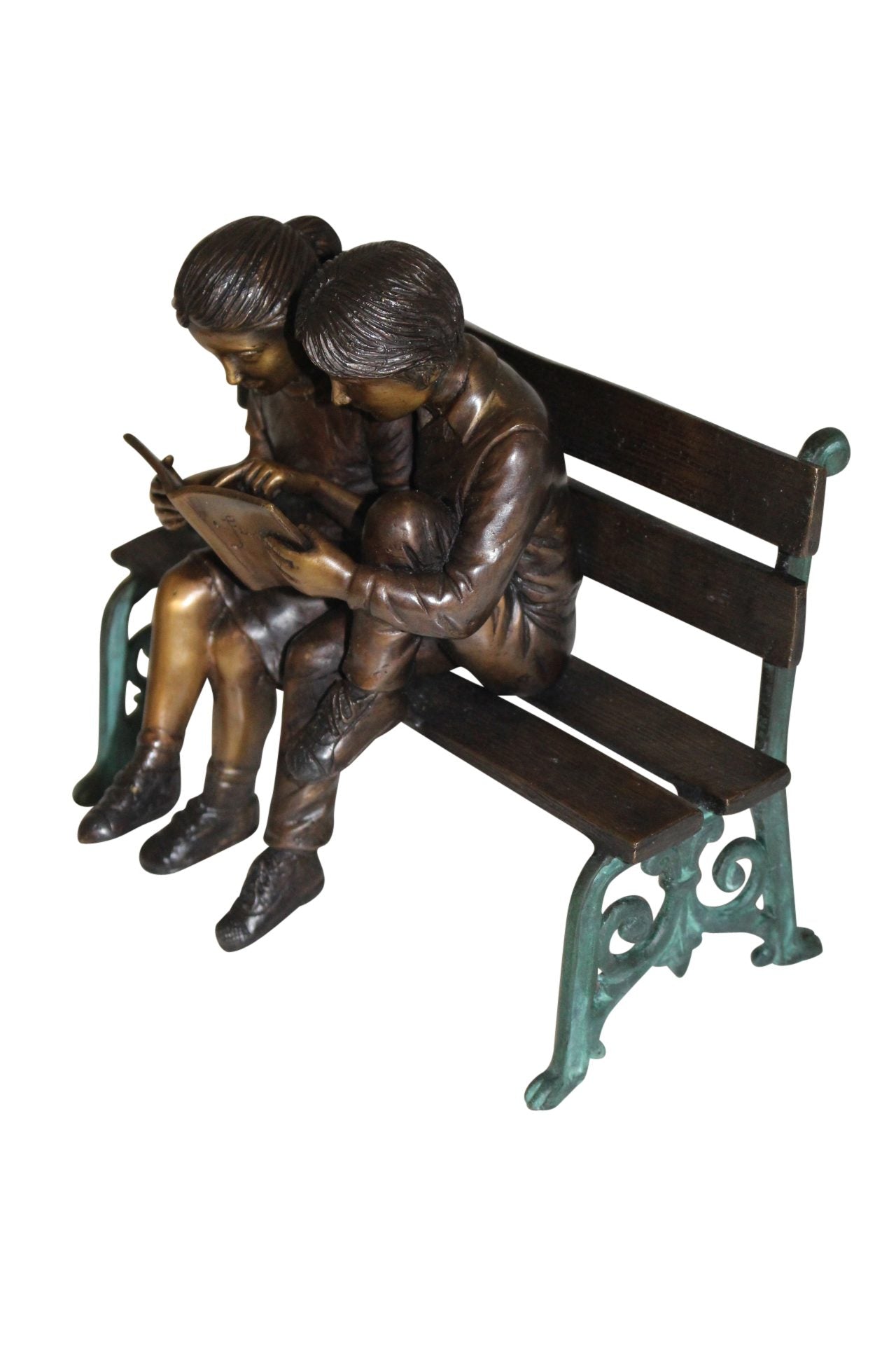 Two kids on bench reading a book - Bronze Statue -  Size: 9"L x 6"W x 8"H. 