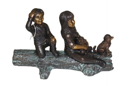 Two kids with dog on log Bronze Statue -  Size: 12"L x 5"W x 8.5"H. 