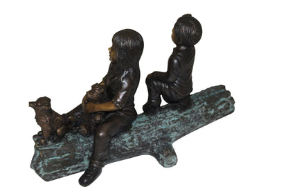 Two kids with dog on log Bronze Statue -  Size: 12"L x 5"W x 8.5"H. 