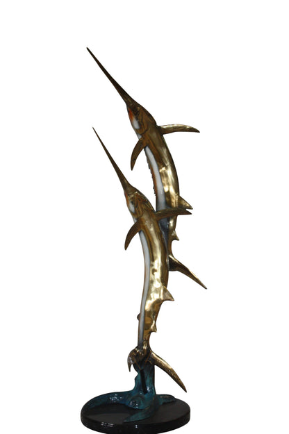 Two Sail fish Bronze Statue on a marble base -  Size: 17"L x 17"W x 56"H. 